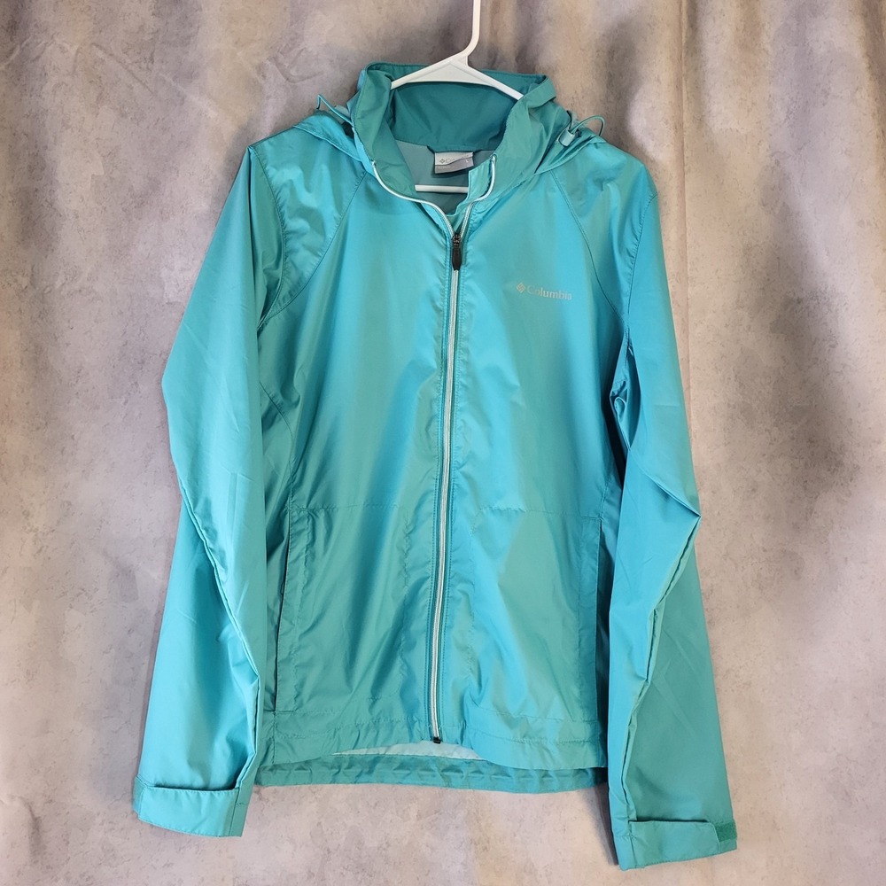 Columbia Women's L Turquoise Teal Rain Jacket with Hood